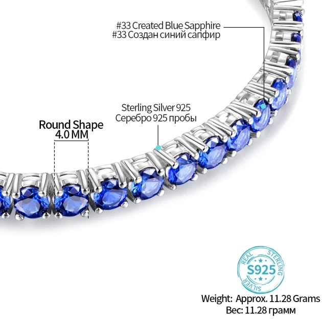 Blue Sapphire Sterling Silver Bracelet Round Cut