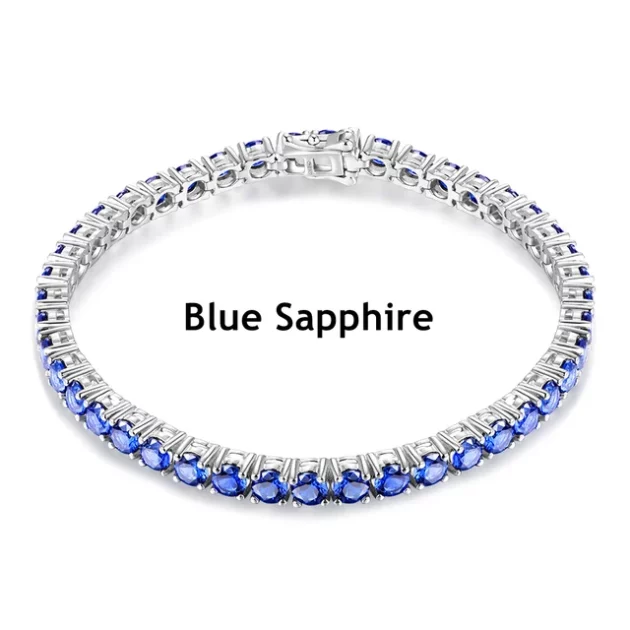 Blue Sapphire Sterling Silver Bracelet Round Cut