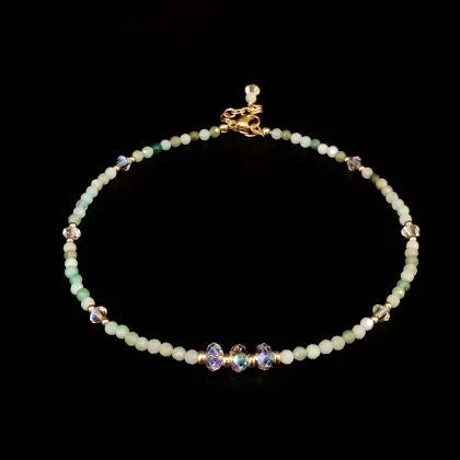 Green Jade and Crystal Summer Chic Anklet 14K Gold Plate