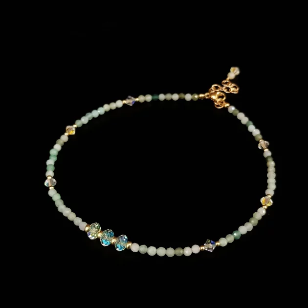 Green Jade and Crystal Summer Chic Anklet 14K Gold Plate