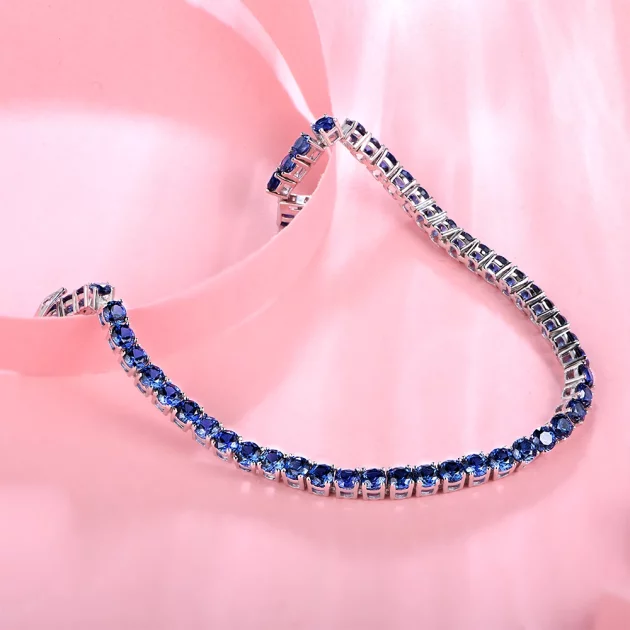 Blue Sapphire Sterling Silver Bracelet Round Cut