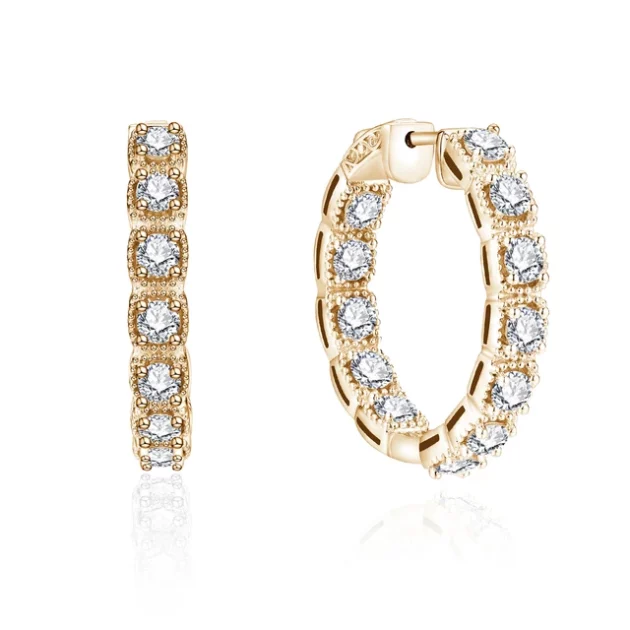 Moissanite Hoop Earrings Round (Brilliant) set in Pure Gold.