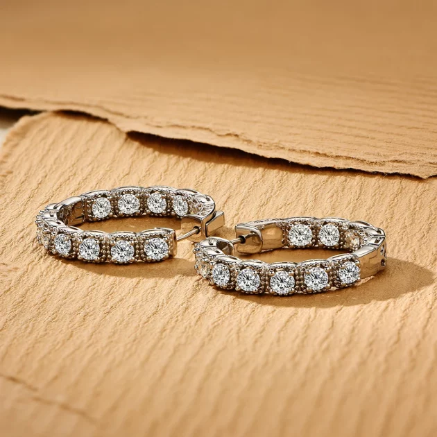 Moissanite Hoop Earrings Round (Brilliant) set in Pure Gold.