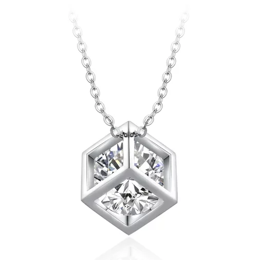 Moissanite Necklace cube style set in Sterling Silver with White Gold Plating