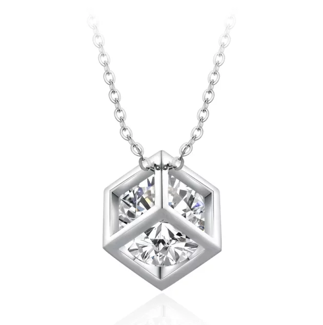 Moissanite Necklace cube style set in Sterling Silver with Gold Plating