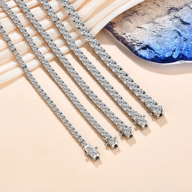Moissanite Bracelet Round cut set in White Gold or Rhodium plate. Various Sizes.