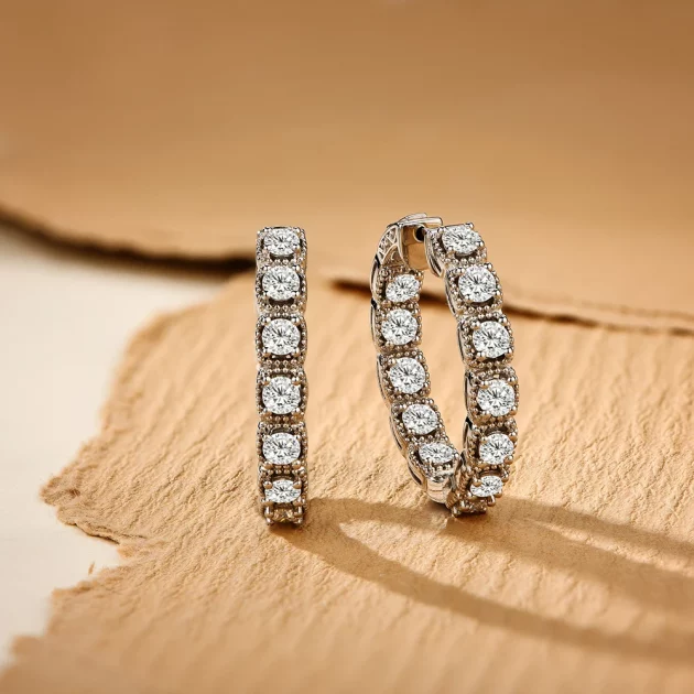 Moissanite Hoop Earrings Round (Brilliant) set in Pure Gold.