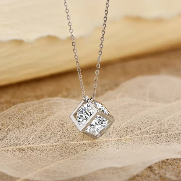 Moissanite Necklace Cube set in Sterling Silver with White Gold Plate CALLIENTO