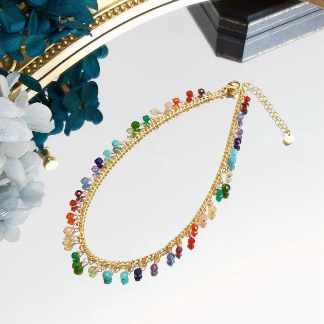 Rainbow Stones Summer Chic Anklet Multicolor gems with Gold Plate