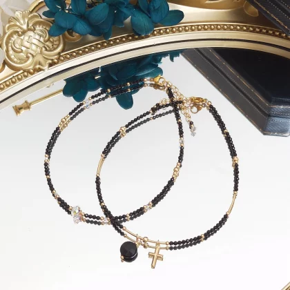 Black Spinel Summer Chic Anklet Deep black with Gold Plate.