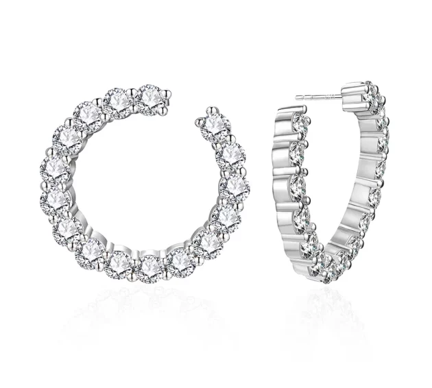 Moissanite Hoop Earrings Round (Brilliant) set in Sterling Silver. Gold Plate