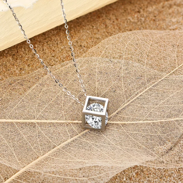 Moissanite Necklace cube style set in Sterling Silver with Gold Plating