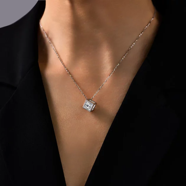 Moissanite Necklace cube style set in Sterling Silver with Gold Plating