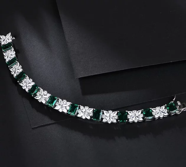 Emerald and Diamond Bracelet set in Sterling Silver