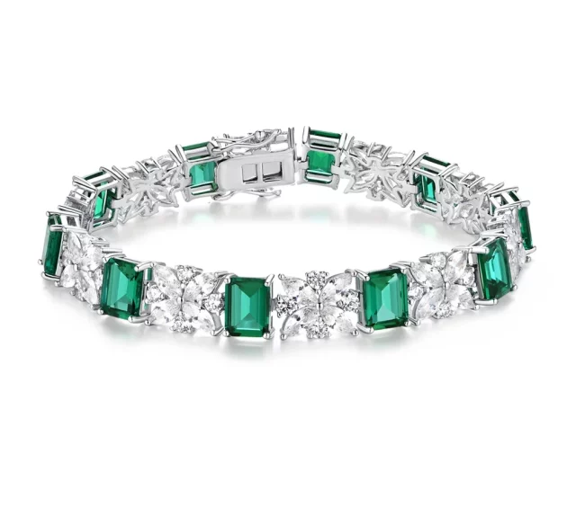 Emerald and Diamond Bracelet set in Sterling Silver