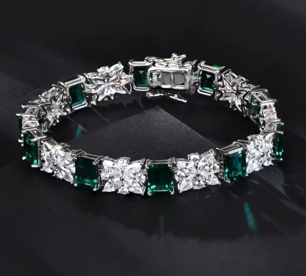 Emerald and Diamond Bracelet set in Sterling Silver