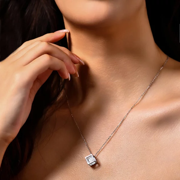 Moissanite Necklace cube style set in Sterling Silver with Gold Plating