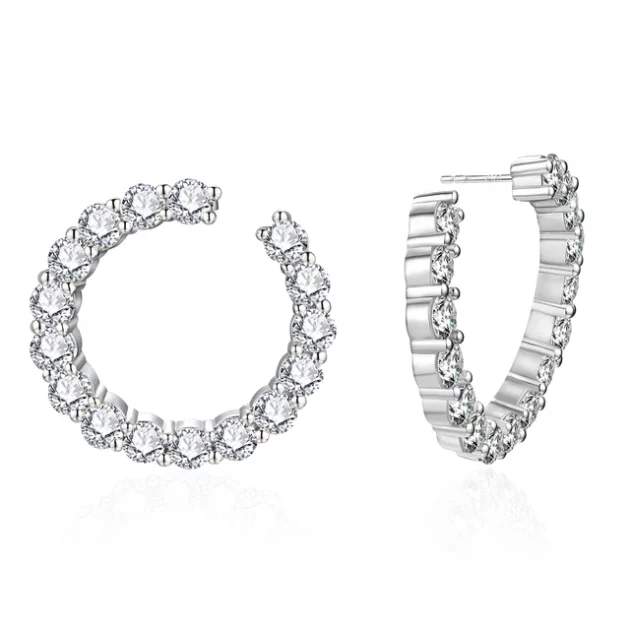 Moissanite Hoop Earrings Round (Brilliant) set in Sterling Silver. Gold Plate