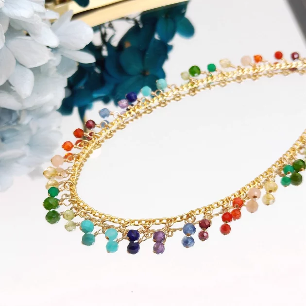 Rainbow Stones Summer Chic Anklet Multicolor gems with Gold Plate