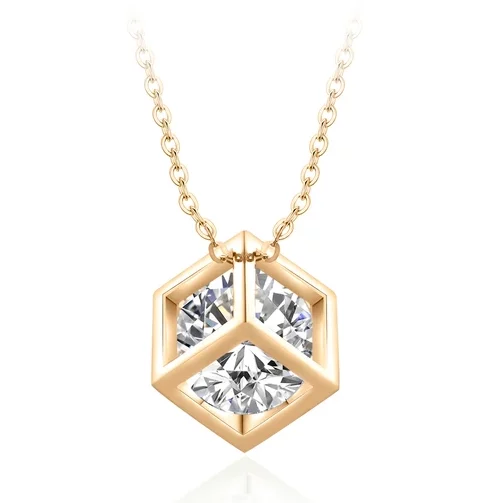 Moissanite Necklace cube style set in Sterling Silver with Gold Plating
