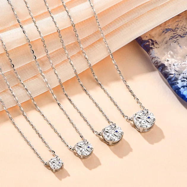 Moissanite Necklace set in Sterling Silver with Rhodium or Gold Plating - Various Sizes