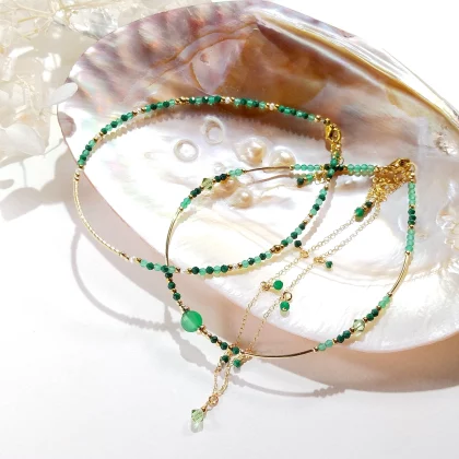 Green Onyx Summer Chic Anklet Green with Malachite and Gold Plate.