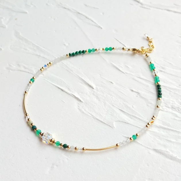 Jade and Green Onyx Anklet Summer Chic in Gold Plate