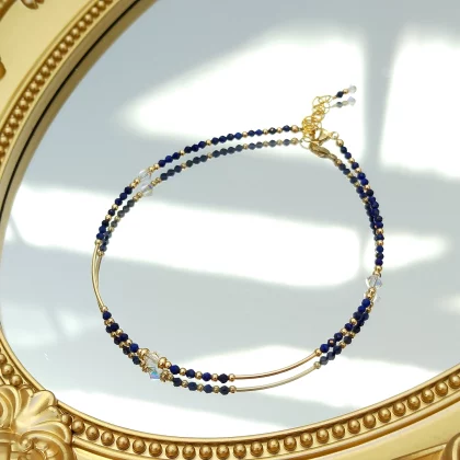 Lapis Lazuli and Crystal Anklet Bohemian Deep Blue with 14K Gold Plate