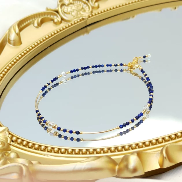 Lapis Lazuli and Crystal Anklet Bohemian Deep Blue with 14K Gold Plate
