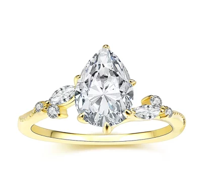 Elegant Tear Drop Shape Moissanite Ring in Sterling Silver with Gold plate