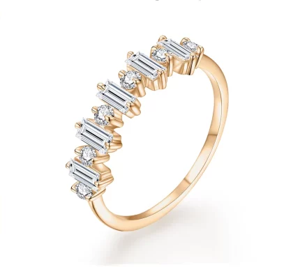 Dazzling Round and Baguette Cut Moissanite Ring in Pure Gold