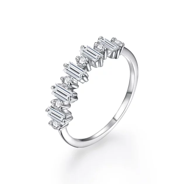 Dazzling Round and Baguette Cut Moissanite Ring in Pure Gold