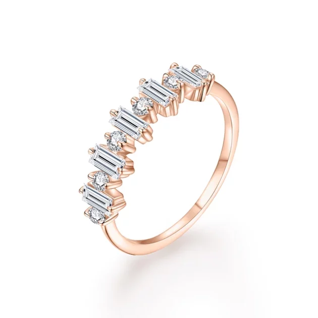 Dazzling Round and Baguette Cut Moissanite Ring in Pure Gold