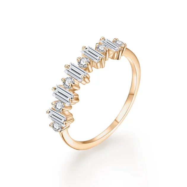 Dazzling Round and Baguette Cut Moissanite Ring in Pure Gold